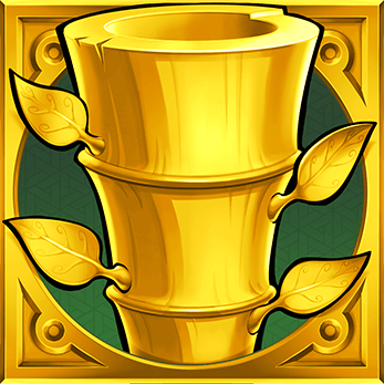 Złoty symbol bambusa z liśćmi na zielonym tle, przedstawiający specjalny symbol Golden Bamboo z gry Big Bamboo Slot.