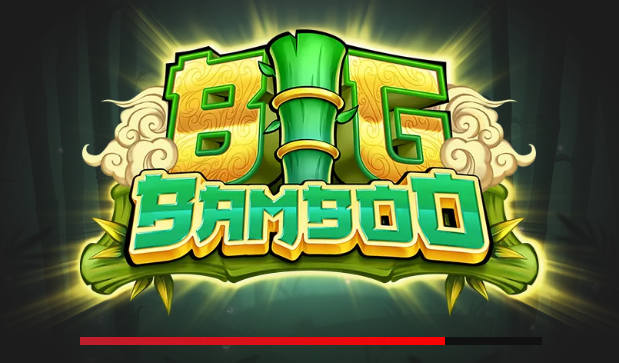Logo gry Big Bamboo Slot na tle bambusowego lasu, z dużymi zielono-żółtymi literami oraz motywami chmur i bambusa.