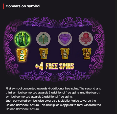 Ekran gry Big Bamboo Slot pokazujący funkcję Conversion Symbol: różne symbole bambusa i kart, napis "+4 Free Spins" oraz opis działania symbolu konwersji i dodatkowych spinów.